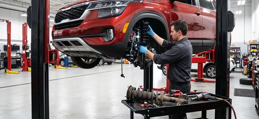 Technician replacing suspension components under a red Kia on a two-post lift