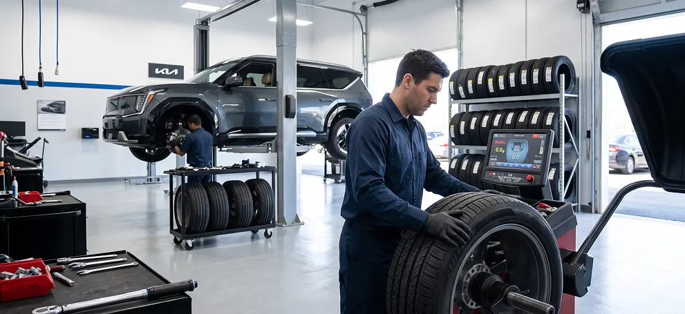 Technician mounting a tire at the balancing machine in the Kia service shop