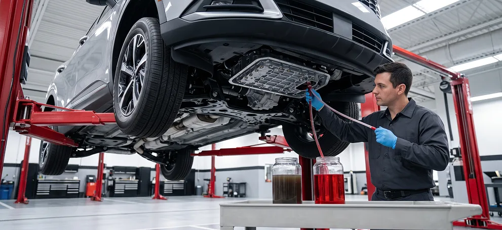 Technician servicing the transmission underneath a raised Kia