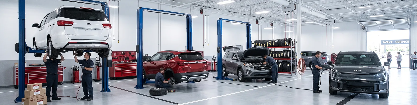 Kia service bays with several vehicles in for maintenance