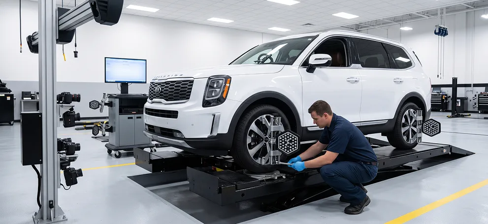 White Kia Telluride on an alignment rack with measuring targets fitted to the wheels
