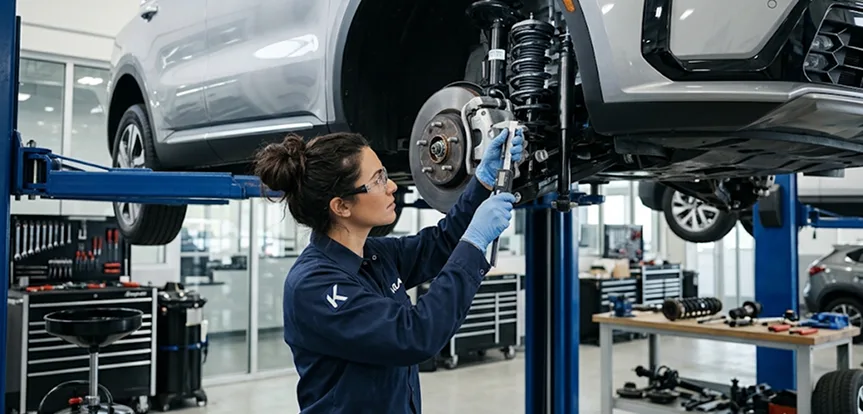 Technician inspecting the front strut and coil spring of a silver Kia raised on a lift