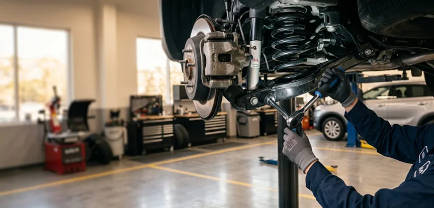 Technician tightening a suspension control arm bolt beneath a Kia with a ratchet