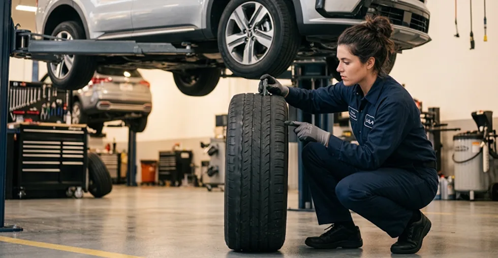 Technician checking a tire for uneven wear beneath a silver Kia Sorento raised on a lift