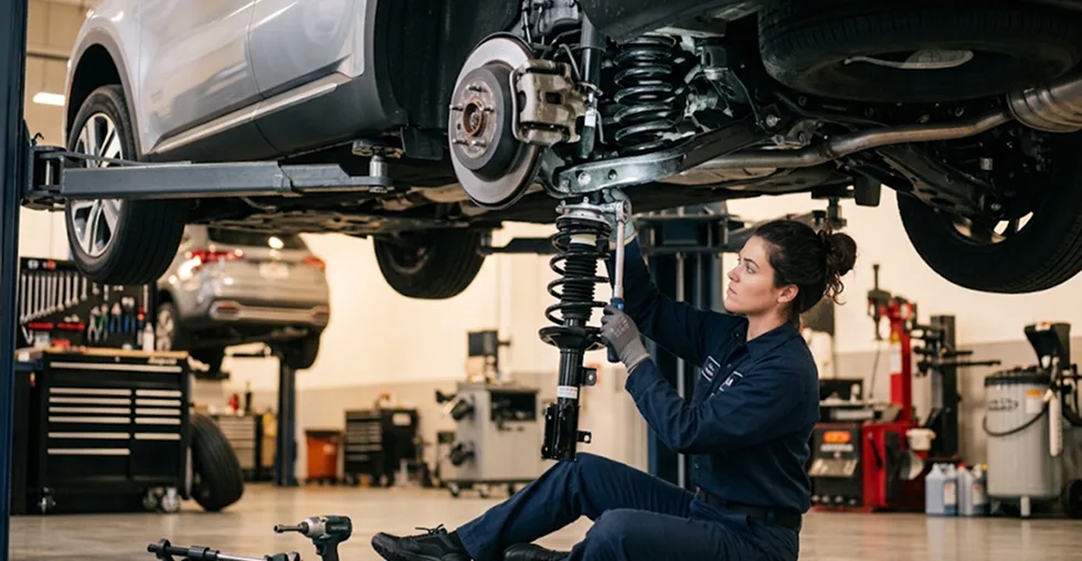 Briggs Kia of Topeka technician fitting a replacement strut assembly to a silver Kia on a lift