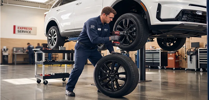 Kia Express Service technician removing a wheel from a white Kia raised on a lift