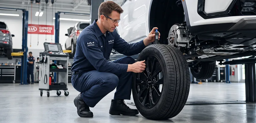 Factory-trained technician measuring tire tread depth with a gauge beside a white Kia on a lift