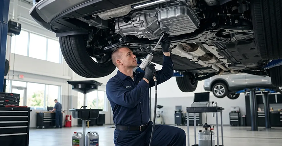 Technician working on the transmission beneath a Kia raised on a lift