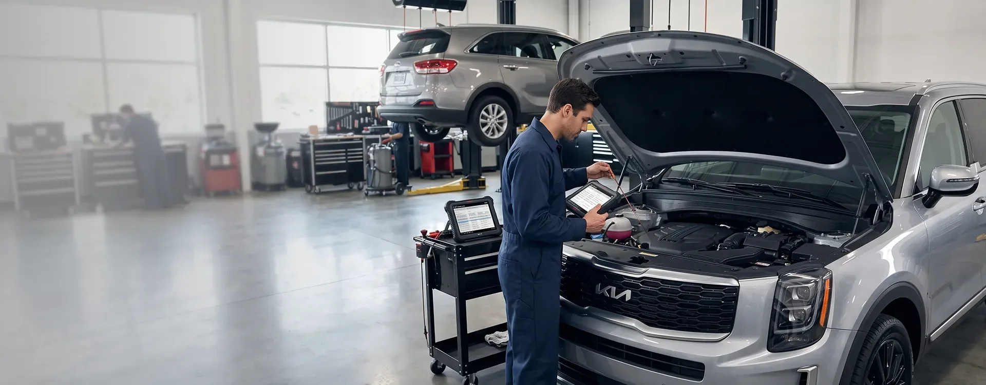 Briggs Kia of Topeka technician checking transmission fluid with a diagnostic tablet at the open hood of a silver Kia Telluride