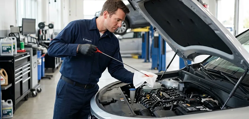 Technician checking transmission fluid on the dipstick of a silver Kia