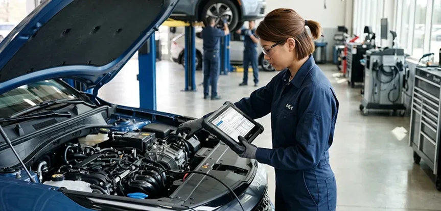 Technician reading transmission diagnostics on a tablet at the open hood of a blue Kia