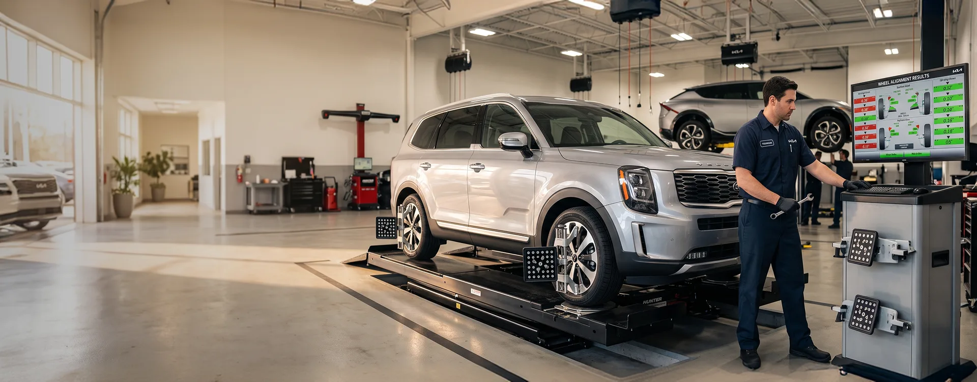 Silver Kia Telluride on the alignment rack at Briggs Kia of Topeka while a technician reviews the wheel alignment results on screen