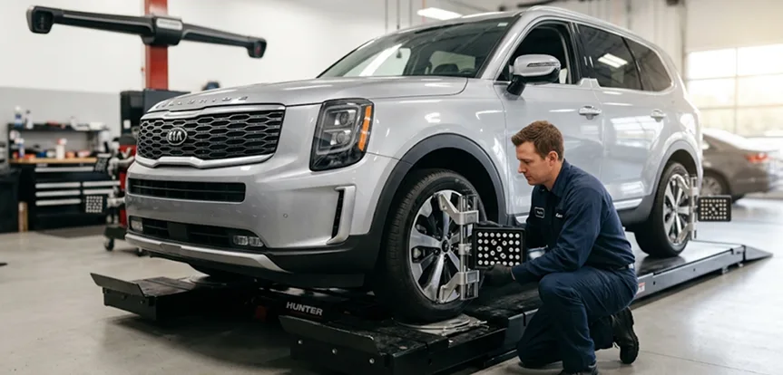 Technician fitting an alignment sensor to the wheel of a silver Kia Telluride on the alignment rack