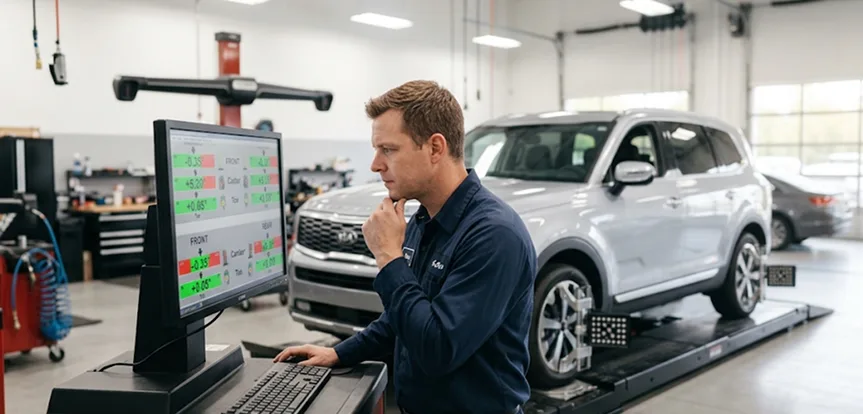 Technician reviewing camber, caster and toe readings on the alignment machine display
