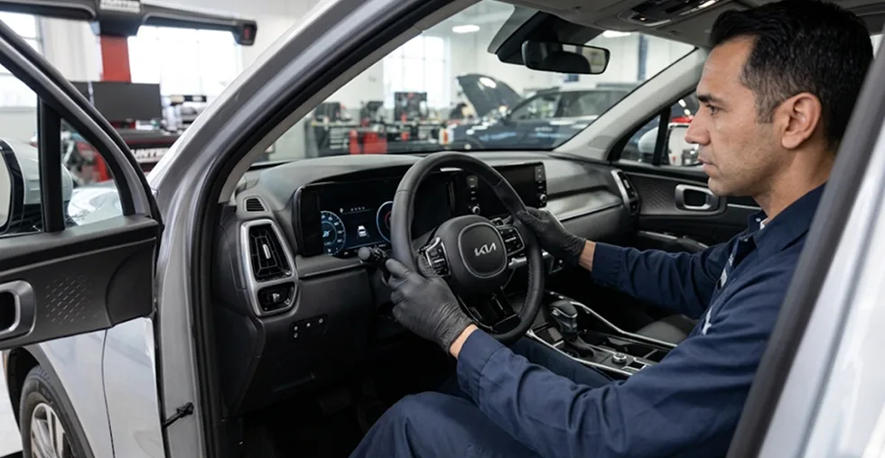 Technician checking the steering wheel position from the driver seat of a Kia Sorento